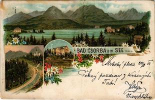 1901 Tátra, Magas-Tátra, Vysoké Tatry; Bad Csorba am See / Csorba-tói fogaskerekű vasút / Strbské pleso cogwheel railway. M. Kuschel Art Nouveau, floral, litho (r)