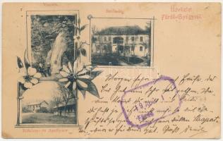 1902 Feredőgyógy, Fürdőgyógy, Algyógyfürdő, Geoagiu-Bai, Feredeu; vízesés, szálloda, Rákóczy és Apaffy sor / waterfall, hotel, villas. Art Nouveau, floral (lyukak / pinholes)