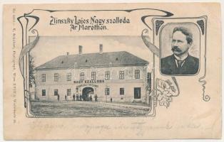 Aranyosmarót, Zlaté Moravce; Zlinszky Lajos nagyszálloda és kőbányai Király sörcsarnok. V. Schubert Photograph, szecessziós-virágos keret / hotel and beer hall. Art Nouveau, floral frame (r)