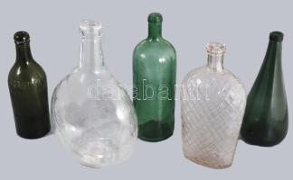 5 darab antik üveg, ritka palackkal, m. 27 cm alatt