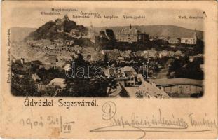 1901 Segesvár, Schässburg, Sighisoara; Hegyi templom, gimnázium, Óratorony, Internátus, plébánia templom, vármegyeháza, katolikus templom. Petrovits F. kiadása / church, grammar school, clock tower, county hall + "BRASSÓ - BUDAPEST 15. SZ." vasúti mozgóposta bélyegző (fl)