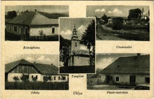 Ugar, Ublya, Ubla; Községháza, Templom, Iskola, utca részlet, Füzér üzlete / town hall, church, school, street view, shop (EK)