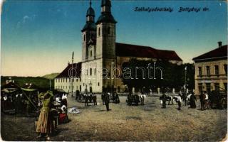 Székelyudvarhely, Odorheiu Secuiesc; Batthyány tér, templom, piac, Gáspár Testvérek üzlete. Dragomán kiadása / square, church, market (EM)
