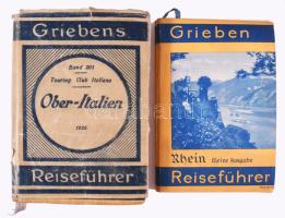 Griebens Reiseführer útikönyv-sorozat 2 kötete (Band 201, 75.)  L. V. Bertarelli: Oberitalien. Berlin - Milano, 1926, Grieben-Verlag - Touring Club Italiano. Német nyelven. Térképekkel illusztrált. Kiadói egészvászon-kötés, kiadói szakadt papír védőborítóban.;   Der Rhein von Düsseldorf bis Frankfurt/M. Kleine Ausgabe mit Angaben für Autfahrer. Berlin, 1938., Grieben. Német nyelven. Kiadói papírkötés.