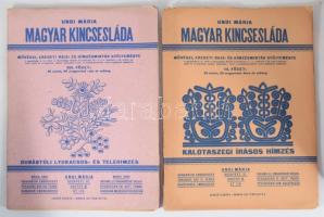 Undi Mária: Magyar kincsesláda. Művészi, eredeti rajz- és hímzésminták gyűjteménye. III. füzet: Kalotaszegi írásos hímzés. + VIII. füzet: Dunántúli lyukacsos- és telehímzés. Bp., é.n. (cca 1930-1940), szerző, [6] p.+ 13 t.; [8] p.+ 16 t. Kiadói papírborítóban, az egyik füzet sérült borítóval.