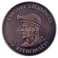 1986. "Borsodi Szénbányák - Jó szerencsét!" egyoldalas öntött bronz emlékérem, kitámasztóval, "Borsodi Szénbányák" kartondobozban (75mm) T:AU