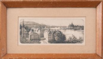 Hertay Mária (1932-2018): Budapesti panoráma. Rézkarc, papír, jelzett a karcon. Üvegezett fakeretben. 7,5x19,5 cm
