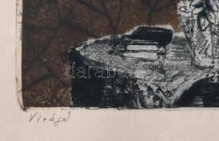 Breznay József (1916-2012): Virágok. Színes rézkarc, papír, jelzett, lapszéli apró foltokkal, 16×30 ...