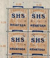 SHS 1918 Arató 2f 40-es ívdarab, a legtöbb bélyegen látványos kettős felülnyomás! Bodor vizsgálójell...