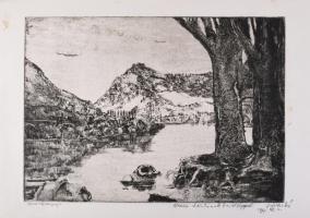 Váci András (1928-1989): Dunakanyar. Rézkarc, papír, jelzett, szélén kissé foltos, 29,5×44 cm
