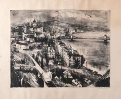 Bordás Ferenc (1911-1982): Építkezés (Budapest, Dunapart). Rézkarc, papír, jelzett. Lap széle kissé foltos. 28,5x39 cm