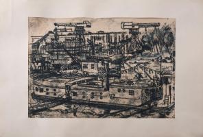 Herpay József (-): Hajógyár. Monotípia, papír, jelzett a nyomaton. Paszpartuban. 20,5x29,5 cm