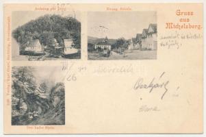 1901 Kisdisznód, Michelsberg, Cisnadioara; Aufstieg zur Burg, Evang. Schule, Der halbe Stein / feljárat a várhoz, evangélikus iskola. Karl Graef kiadása / path to the castle, Lutheran school, rock (EK)