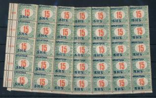 SHS 1918 Portó 15f 35-ös ívsarki tömb, bal oldalon hármasfogazással, minden bélyeg Bodor vizsgálójellel (17.500)