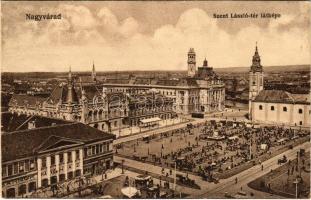 1916 Nagyvárad, Oradea; Szent László tér, piac, városháza, sörcsarnok és kávéház, villamos / square, market, town hall, beer hall and café, tram (r)