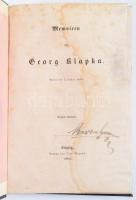 [Klapka György (1820-1892)]: Memoiren von Georg Klapka. April bis October 1849. [I. kötet.] Leipzig, 1850, Otto Wigand, 1 (litografált címkép) t.+ XXXIV+422+[2] p.+ 2 (térképek) t. Első kiadás. Német nyelven. Átkötött egészvászon-kötésben, ázásnyomokkal. A címlapon szentkirályszabadjai Karsa Ferenc (1827-1915) 1848-as honvéd hadnagy, Görgey Artúr parancsőrtisztje, árvaszéki elnök névbejegyzésével.