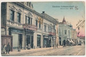 1912 Csíkszereda, Miercurea Ciuc; Rákóczi utca, patika, gyógyszertár, divatáruház, Ligeti Samuné, Szvoboda Miklós üzlete és saját kiadása / street view, pharmacy, fashion store, publisher's shop (fl)