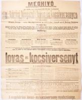 1926 Nagykőrösi lovas és kocsiverseny nagy méretű plakátja, rajta városi illetékbélyegekkel Hajtva, jó állapotban 58x74 cm