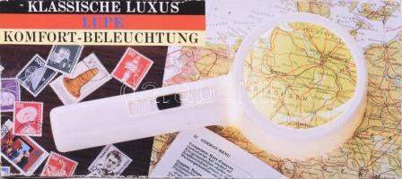 Nagyító, világító funkcióval, működik, dobozában, h. 23 cm