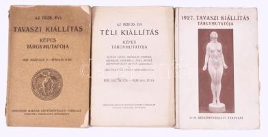 Országos Magyar Képzőművészeti Társulat 3 db kiállítási katalógusa:  1927. tavaszi kiállítás tárgymutatója. Bp., 1927, Országos Magyar Képzőművészeti Társulat,(Athenaeum-ny.), 44 p. + 24 (fekete-fehér képtáblák) t. Kiadói papírkötés, a hátsó borítón kis szakadással, és a sarkán hiánnyal, egy lap kijár és gyűrött, valamint a többi képtábla sarkán szamárfüllel.;  Az 1928. évi tavaszi kiállítás képes tárgymutatója. Bp., 1928, Országos Magyar Képzőművészeti Társulat, 52 p.+32 (fekete-fehér képtáblák) t. Kiadói papírkötés, sérült borítóval és gerinccel.;  Az 1928/29. évi téli kiállítás képes tárgymutatója. Kukán Géza, Mendlik Oszkár, Mendlik Oszkárné, Poll Hugó, Szentgyörgyi István gyüjtemény és néhai Glatter Gyula emlékkiállításaival. Bp., 1928, Országos Magyar Képzőművészeti Társulat, 42+6 p.+23 (fekete-fehér képtáblák) t. Papírkötés, borítóhiánnyal, az utolsó tábla hiányzik.