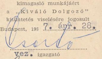 Csergő János (1920-1980) a Magyar Népköztársaság kohó- és gépipari miniszterének aláírása igazolványon