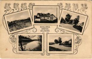 1938 Szőgyén-Hajmás, Kolonia Sedín-Hajmás, Svehlovo, Nové Osady (Nagyfödémes, Velké Úlany); Iskola, Szeszgyár, lepárló, utcakép, Kis-Duna, lakások / school, distillery, street view, Maly Dunaj, apartment blocks. Art Nouveau (Rb)