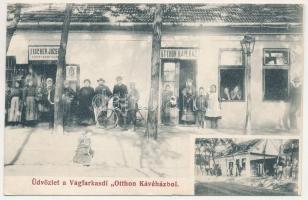 1912 Vágfarkasd, Farkasd, Forcas, Vlkad nad Váhom, Vlcany; Otthon kávéház, Fischer József üzlete, férfi kerékpárral. Ungár Mór fényképész / café, shop of Fischer, man with bicycle (apró szakadás / tiny tear)