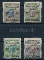 Nyugat-Magyarország II. 1921 Arató 20f, 40f, 50f, 60f, utóbbi hármaslyukasztással, mindegyik Bodor vizsgálójellel (97.000)