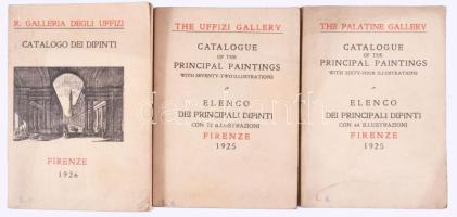 Uffizi Galéria 3 db kiállítási katalógusa:  Catalogo dei Dipinti. Firenze, 1926. Kiadói papírkötés.  Catalogue of the Principal Paintings with sixty-four illustrations. Elenco dei Principali Dipinti con 64 illustrazioni. Frienze, 1925. Fekete-fehér illusztrációkkal. Kiadói papírkötés.;  Catalogue of the Principal Paintings with seventy-two illustrations. Elenco dei Principali Dipinti con 72 illustrazioni. Frienze, 1925. Fekete-fehér illusztrációkkal. Kiadói papírkötés.;