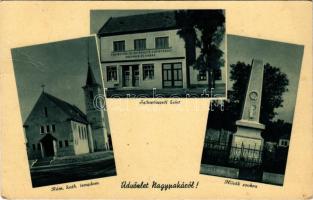 1940 Nagypaka, Velká Paka; Római katolikus templom, fogyasztási és értékesítő szövetkezet üzlete, hősök szobra, emlékmű / church, cooperative shop, military heroes' monument (Rb)