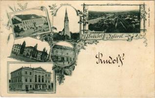 1898 Igló, Zipser Neudorf, Spisská Nová Ves; főgimnázium, városház, állami tanítóképezde, Városi torony. Csetényi Emil könyvkereskedése és saját kiadása / grammar school, town hall, teachers training institute, publisher's shop. Art Nouveau, floral (EB)