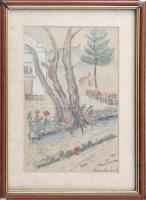 Mannheim Róza (1880-1965): Parkrészlet. Akvarell, tus, papír, jelzett, 23,5×15 cm. Üvegezett, sérült fakeretben, 23,5×15 cm