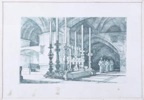 Zádor István (1882-1963): Kenetkő, ahova lefektették Jézus testét. Rézkarc, papír, jelzett a karcon, üveg mögött, 17×24,5 cm