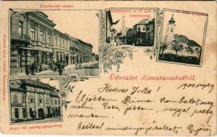 1900 Rimaszombat, Rimavská Sobota; Erzsébet tér, Kossuth utca, Római katolikus és evangélikus lutheránus templomok, Magyar királyi pénzügyigazgatóság, Glückstahl Mór, Skolczy István és Heksch Bertalan üzlete. Lévai Izsó / square, street, churches, shops, Financial Directorate. Art Nouveau, floral (szakadás / tear)