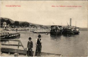 1915 Kovácspatak, Kovacov; kikötő, gőzhajó, komp. Réthy-féle Pemetefű cukorka köhögés ellen reklám / port, steamship, ferry (EK)
