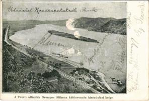 1907 Kovácspatak, Kovacov; A Vasúti Altisztek Országos Otthona különvonatú kirándulási helye, Helemba sziget. Dunai kikötő, Vasútállomás, gőzhajó / railway station, port, steamship (Rb)