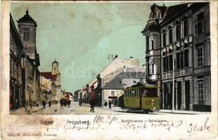 1902 Pozsony, Pressburg, Bratislava; Kórház utca, villamos. G. Duschinsky kiadása / Spitalgasse / Hospital Street, tram (r)