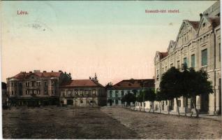1915 Léva, Levice; Kossuth tér, Knapp Dávid, Bercsényi Gyula üzlete, gyógyszertár, Lévai Kereskedelmi Bank r.-t., Nagy Artúr fényképész műterme. Dukesz Lipót kiadása / square, shops, pharmacy, bank, photographer's atelier (fl)