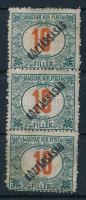 1919 Köztársaság portó 10f függőleges 3-as csíkban, a felső bélyegen a POSTA szó "A" betűje hiányos, az alsó bélyegem a MAGYAR szó "M" betűje hiányos (rozsdafoltok, alsó bélyeg javított, ránc / stain, the bottom stamp repaired, crease)