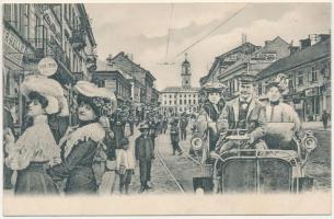 Chernivtsi, Czernowitz, Cernauti, Csernyivci (Bukovina, Bucovina, Bukowina); street view with shops, town hall. Montage with ladies, automobile and chauffeur (EK)
