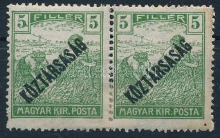 1918 Arató/Köztársaság 5f pár alul tömbfogak és kimaradt foglyuk