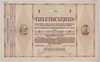 1938. Diósgyőr (Újdiósgyőr) "Diósgyőri M. Kir. Vas- és Acélgyári Munkások és Alkalmazottak Hitelszövetkezete" névre szóló üzletrészjegye 40P-ről T:F,VG