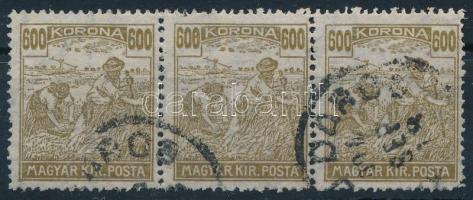 1924 Arató 600K 3-as csík, a középső bélyegen "608-nak" látszó értékszámmal