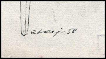 Olvashatatlan jelzéssel: Libanon - minden lében kanál (karikatúra), 1958. Tus, papír, alján sérült, ...