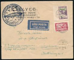 1931 Zeppelin magyarországi körrepülése légi levél ívszéli Zeppelin 2P + Repülő 20f bérmentesítéssel, levélzáróval "BUDAPEST" - "DEBRECEN" - "SZOLNOK" (20.000)
