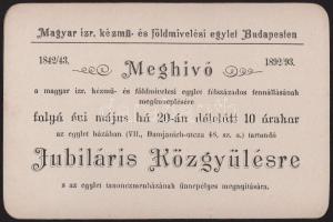 1892, 1910 A magyar izraelita kézmű- és földműves egylet meghívója az 50 éves fennállása alkalmából tartandó jubiláris közgyűlésre, továbbá pályázati hirdetmény szegény sorsú tanulók részére ösztöndíj megszerzésére , pecsételve, kisebb javításokkal, 2 db okmány