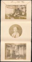 1910 Pozsonyi (Felvidék) hely- és fotótörténeti ritkaság, Strelisky Sándor fényképész fióküzletét és műteremlakását (Sétatér 23.) ábrázoló 3 db fotónyomat, valamint első felesége Béni (Bény) Irma a Népszínház művésznőjének arcképe egy összehajtható kartonon belső (családi) levélként használva, megírva, szép állapotban, 10×15 cm