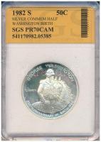 Amerikai Egyesült Államok 1982S 1/2$ Ag "George Washington születésének 250. évfordulója" bontatlan SGS műanyag tokban, tanúsítvánnyal T:PP USA 1982S 1/2 Dollar Ag "250th Anniversary of the birth of George Washington" in unopened SGS plastic case, with certificate C:PP Krause KM#208