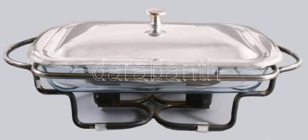 Sütőedény, ezüstözött, két mécsestartót magába foglaló szerelékben, jelzett, 45x23 cm