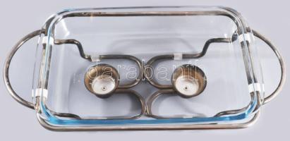 Sütőedény, ezüstözött, két mécsestartót magába foglaló szerelékben, jelzett, 45x23 cm